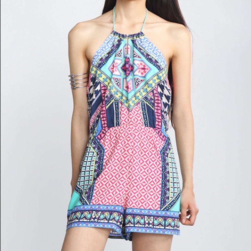 Blue & Coral Geometric Halter Romper Flying Tomato